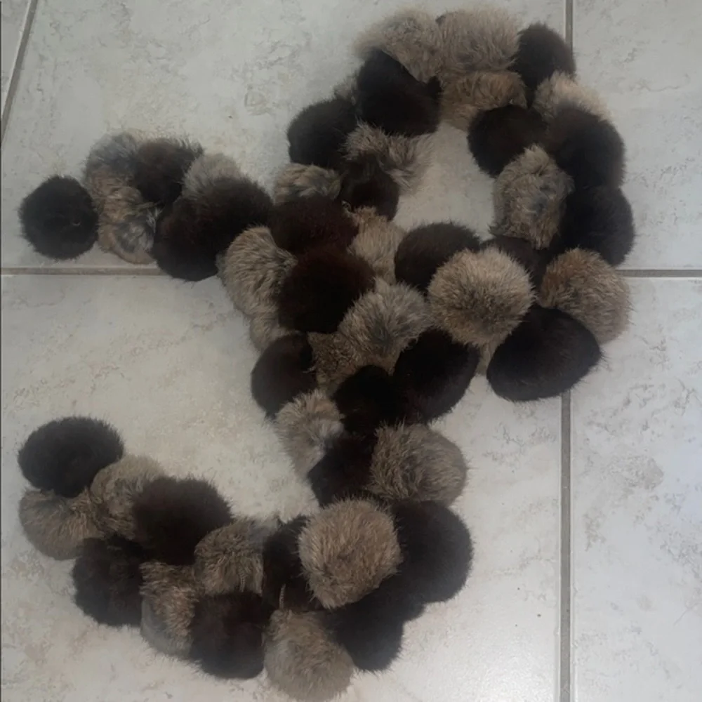 Vintage GENUINE RABBIT FUR POM POM Scarf Wrap Shawl OS  63 inches